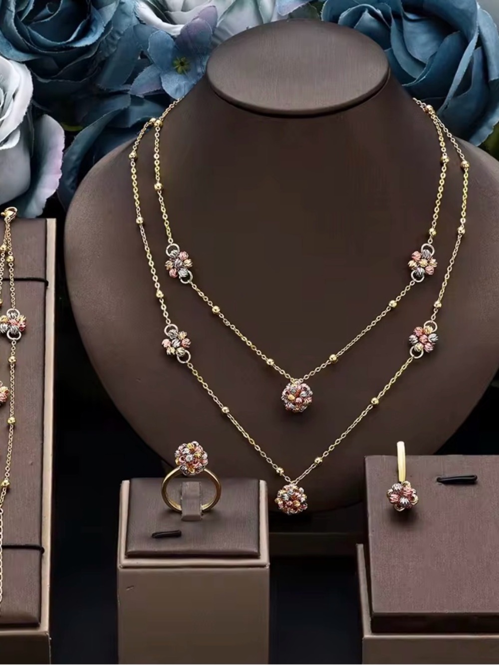 Gold Flower Cluster Necklace, Ring, Bracelet & Earrings Set - Pink Accent